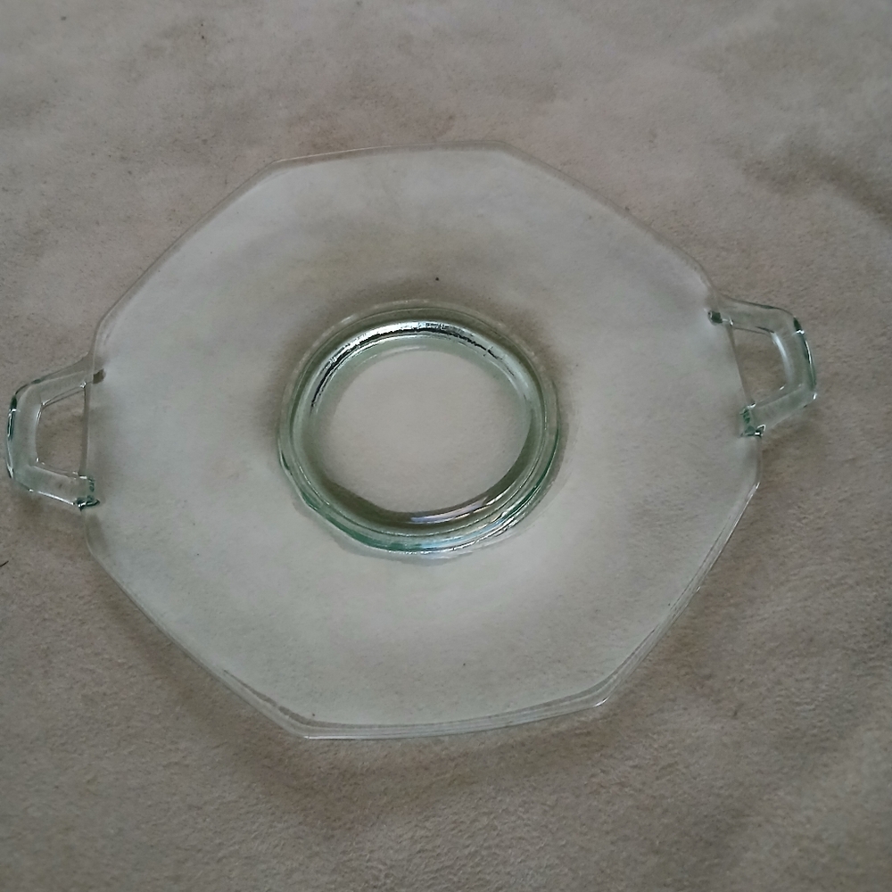 Old Vintage Green Depression Glass Octagon Platter Serving Plate Tray w Handles